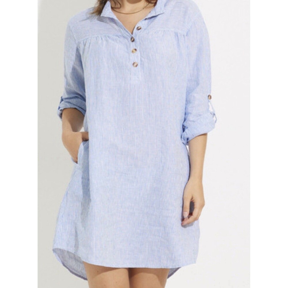 Melissa Nepton Womens Collar Pop Over Dress Roll Tab Sleeve Pinstripe Blue XS.